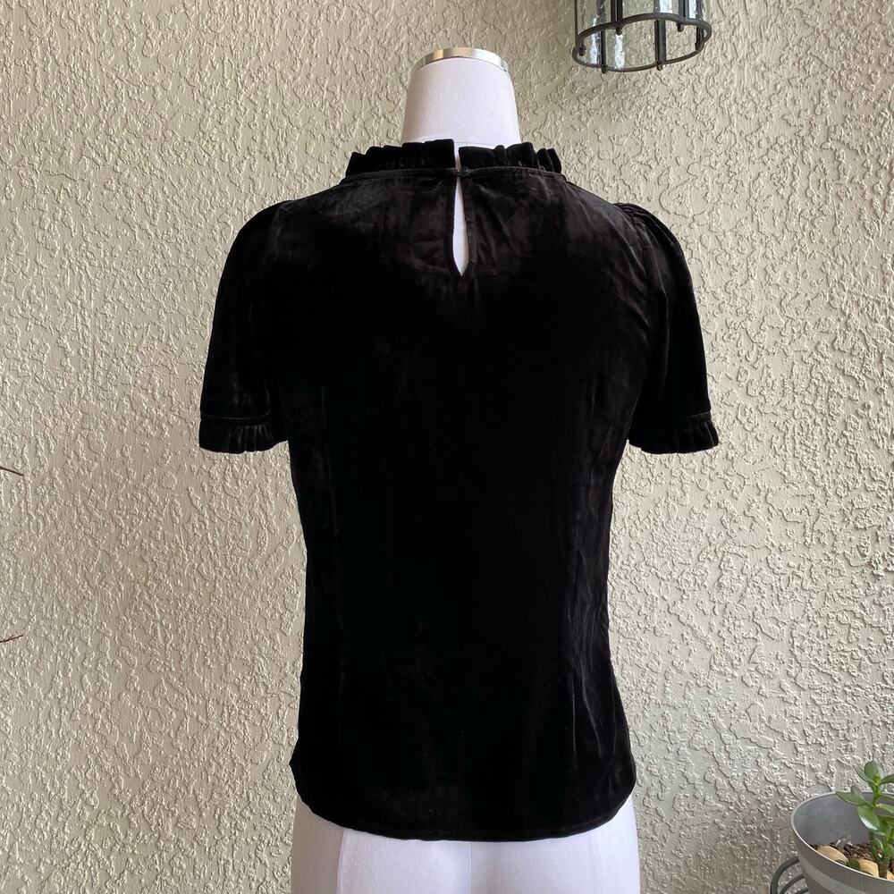 Talbots Velvet High Neck Blouse Puff Sleeve Mock Neck Frilly Trim Black Petite - Picture 4 of 8